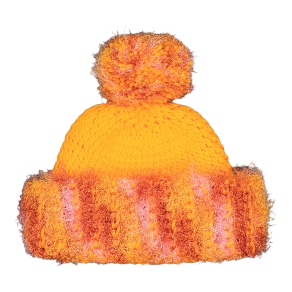 HANDMADE Beanie Yellow & Multicolor Faux Fur Crocheted Winter Hat with Pom Pom - Picture 2 of 5